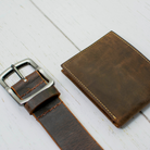 Image of Rocky River Brown distressed leather belt with matching distressed bifold wallet.