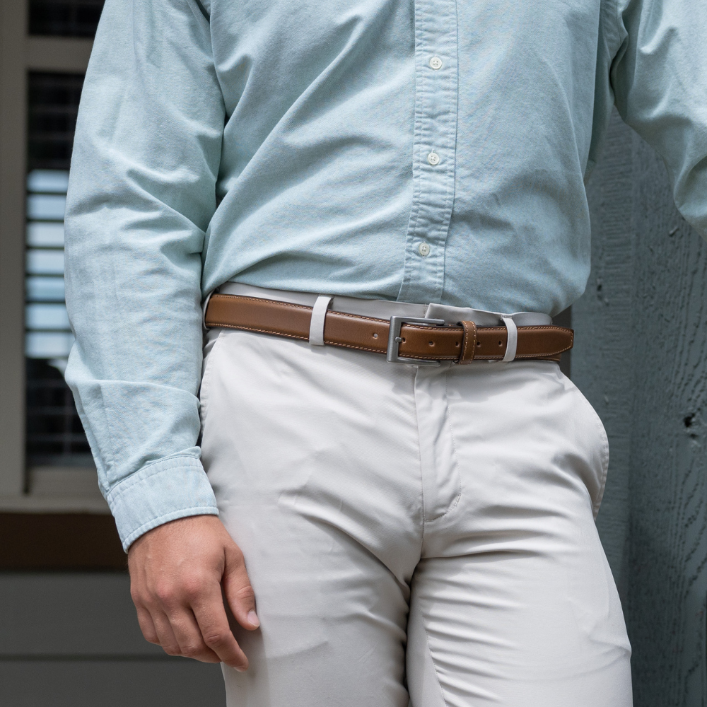 Silver Square Titanium Tan Belt on model. Bright tan belt looks great with khakis. Titanium buckle.