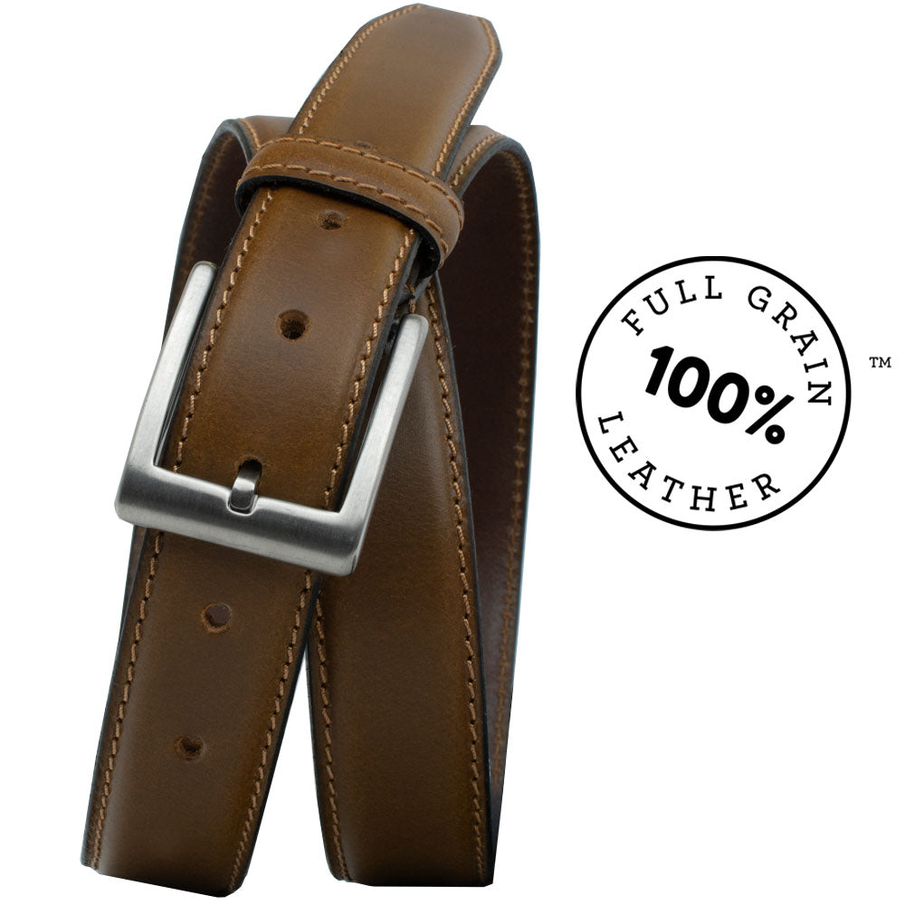 Silver Square Titanium Tan Belt. 100% full grain leather. Silver-tone buckle; bright tan leather.