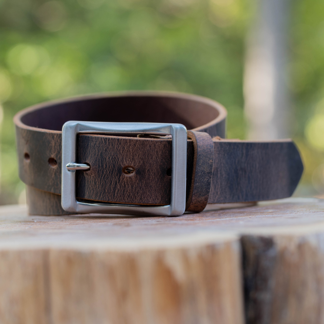 Image of Brown Distressed Leather work belt. 1.5 inch wide with stainless steel center bar buckle