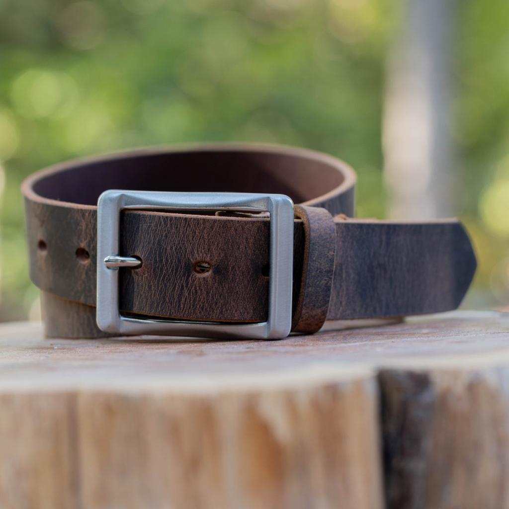 Image of Brown Distressed Leather work belt. 1.5 inch wide with stainless steel center bar buckle