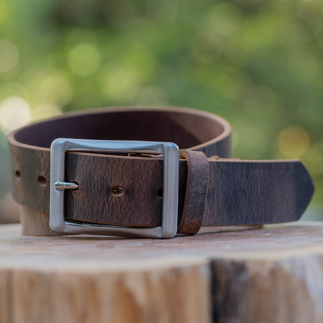 Image of Site Manager Distresed Brown Leather Work Belt with Stainless Steel Center bar buckle.