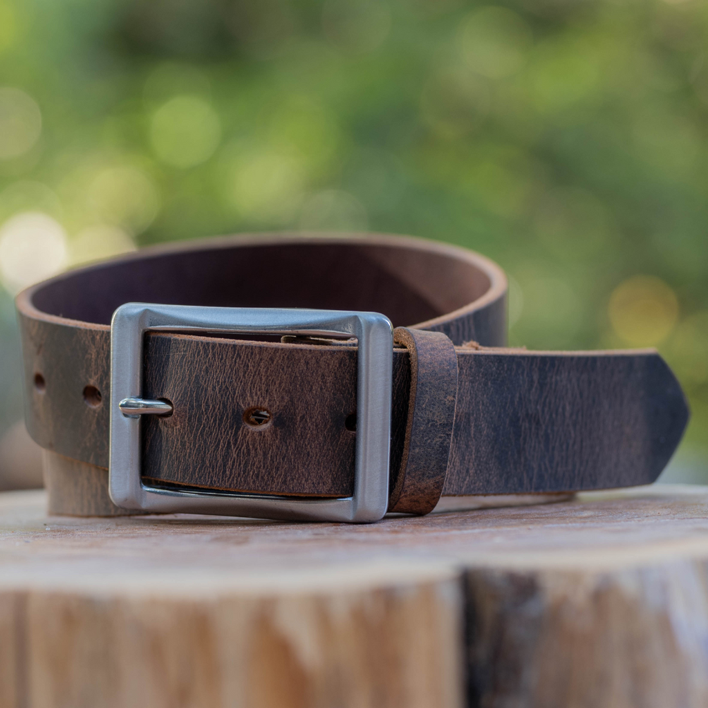 Image of Site Manager Distresed Brown Leather Work Belt with Stainless Steel Center bar buckle.