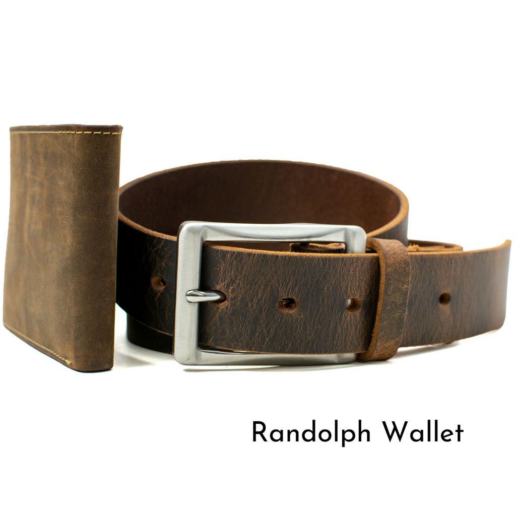 Randolph Wallet propped next to Site Manager Brown Belt. Handcrafted for top quality.
