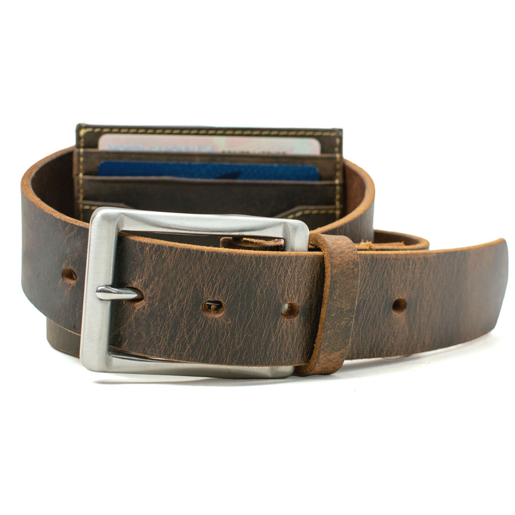 Reed Wallet wrapped inside of Site Manager Belt. Silver-toned heavy duty nickel-free buckle.