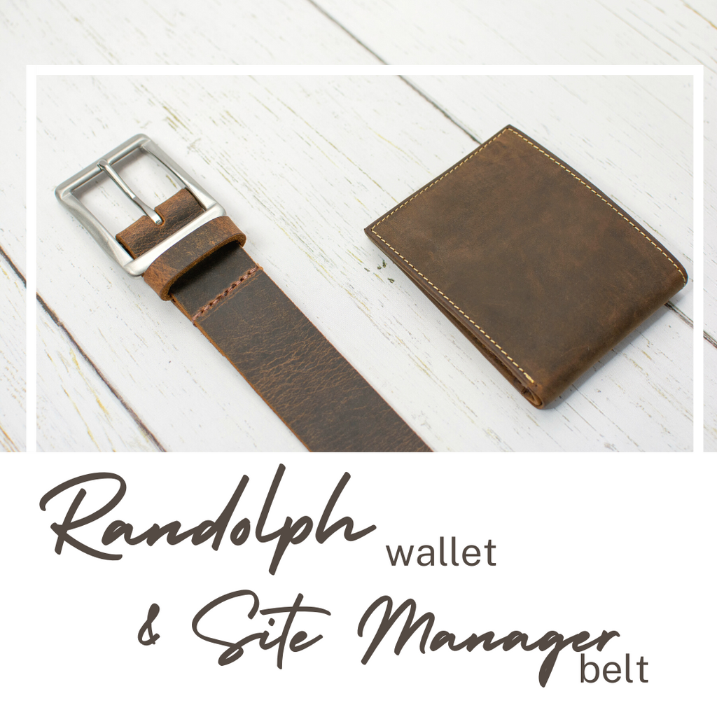 Randolph Wallet and Site Manager Belt. Durable brown distressed leather. Cream stitch on wallet.