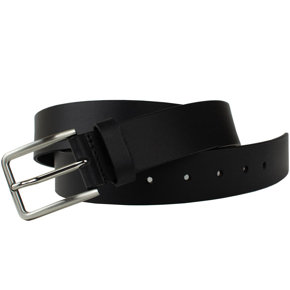 Slick City Black Leather Belt. Buckle stitched directly to solid strap of black full grain leather.