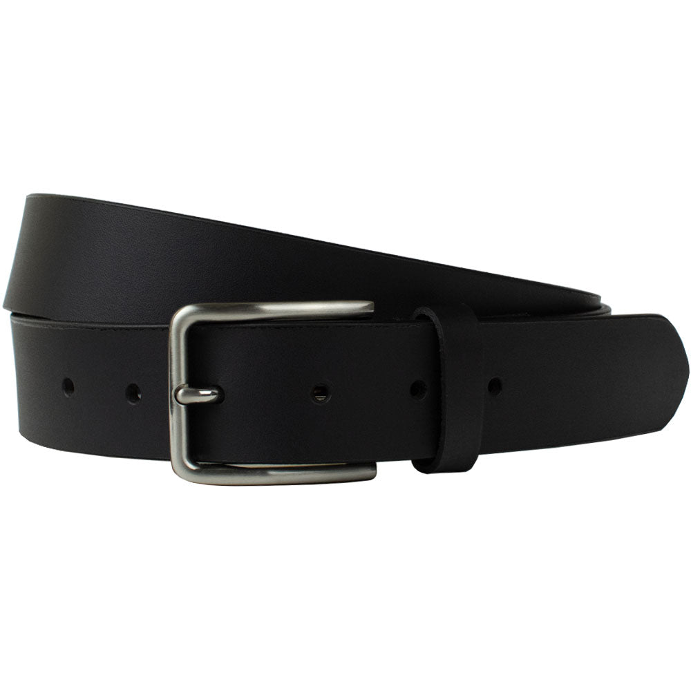 Slick City Black Leather Belt. Black genuine leather belt with a thin nickel-free zinc alloy belt.