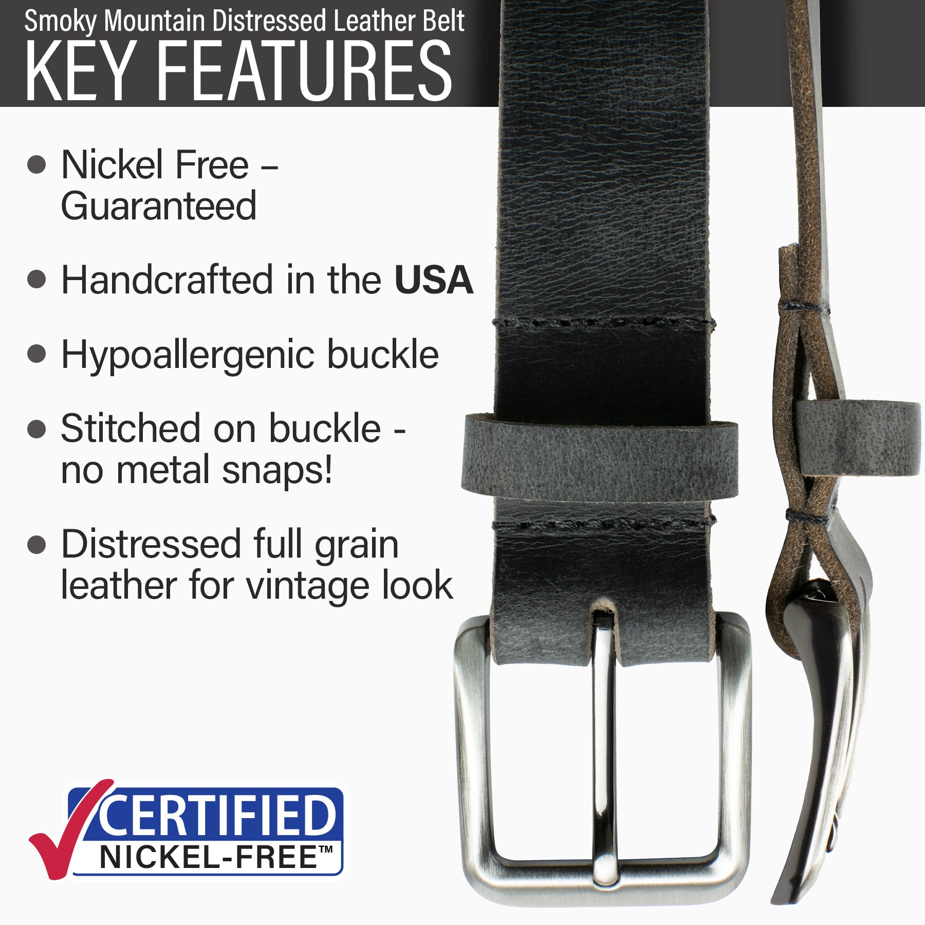 Nickel Free Smoky Mountain Distressed Belt | Made in USA | Distressed Gray Leather | Genuine Leather