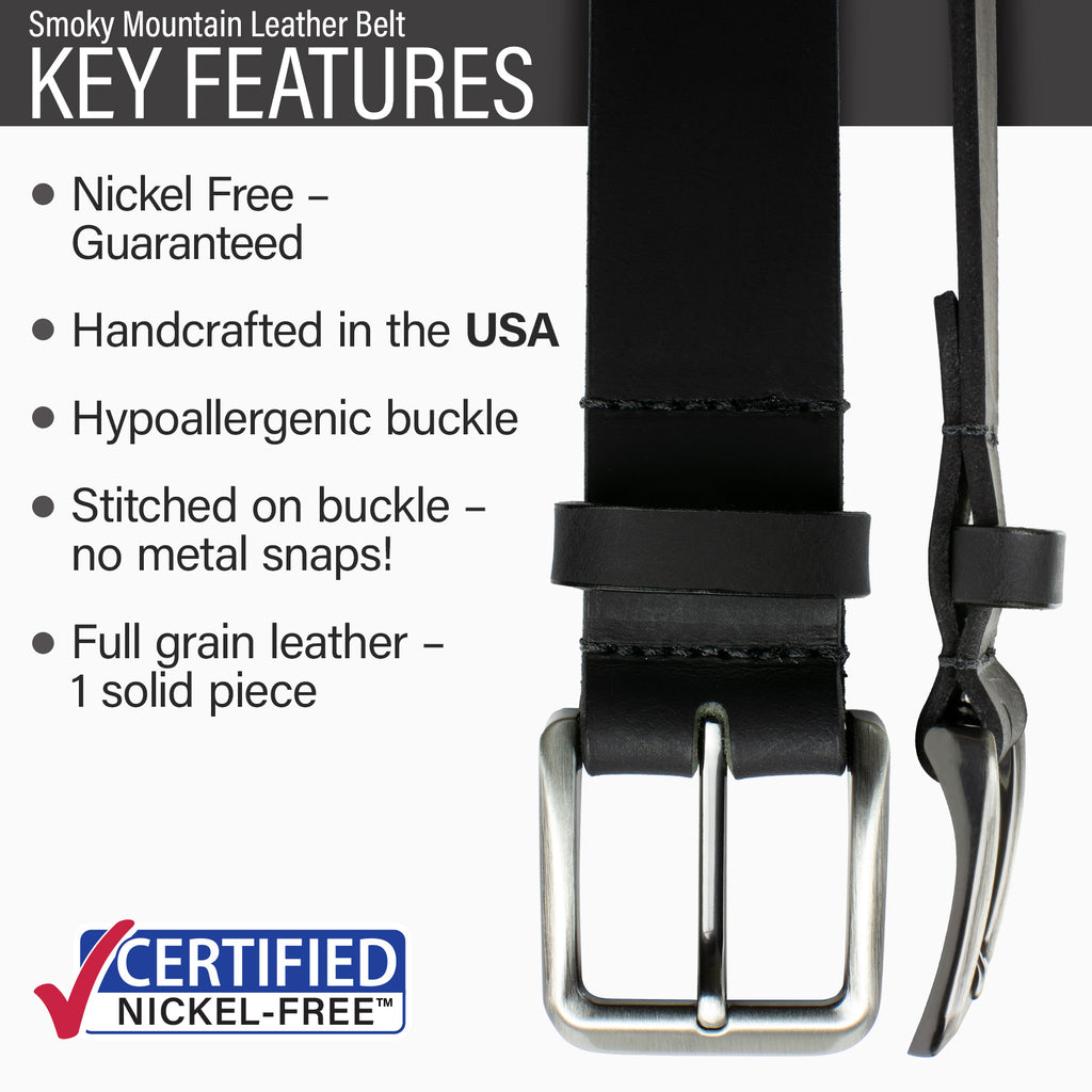 Guaranteed nickel free; made in USA; hypoallergenic; buckle stitched on so no metal snaps.