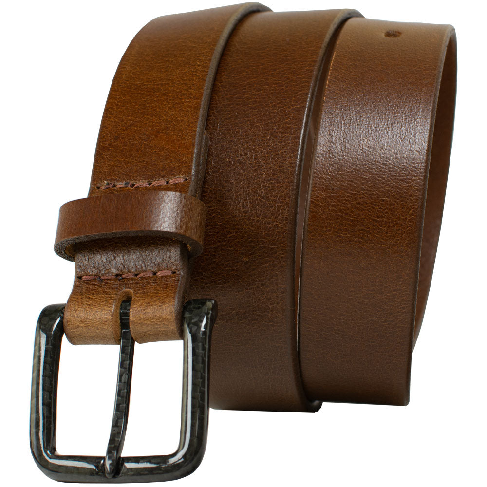 The Specialist Brown Belt by Nickel Smart. Bright brown leather strap; black carbon fiber buckle.