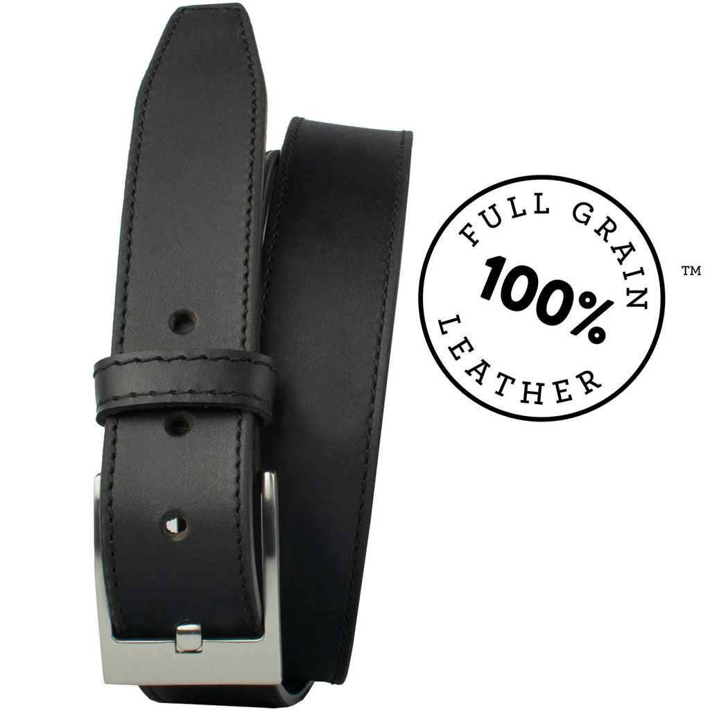 Square Wide Pin Black Belt. 100% full grain leather. Decorative single stitching on edges.