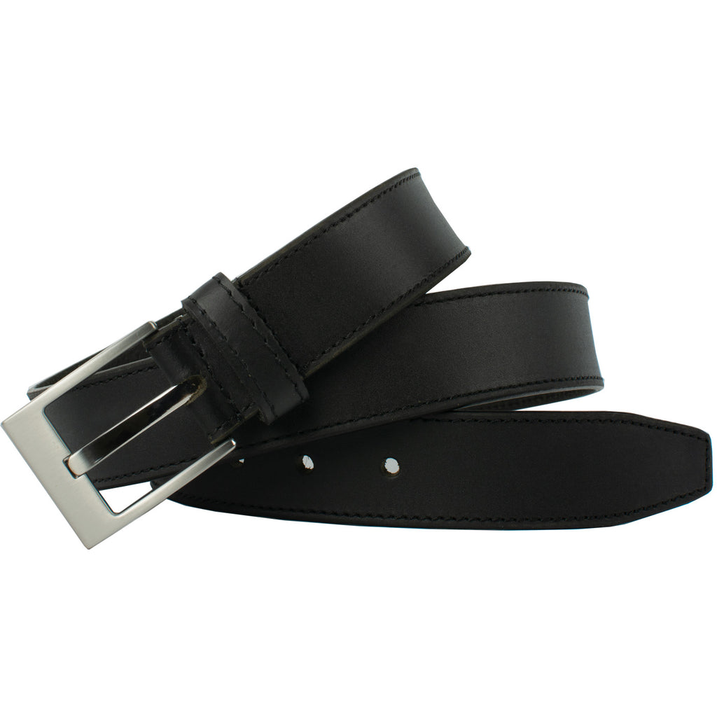 Square Wide Pin Black Belt. Buckle stitched directly to strap - no metal snaps.