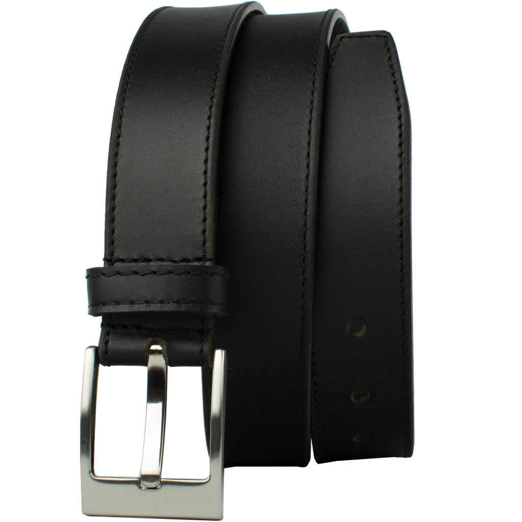 Square Wide Pin Black Belt by Nickel Smart. Squared-off buckle with black leather strap.