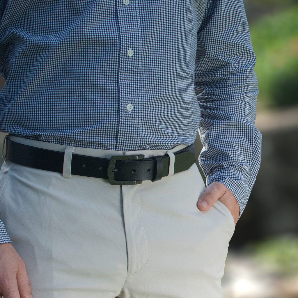 Stealth Black Belt on model in khakis. Dress or dress-casual belt. High-tech carbon fiber buckle.