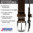 Guaranteed nickel free, made in USA, solid piece of full grain leather, polished, soft & comfortable