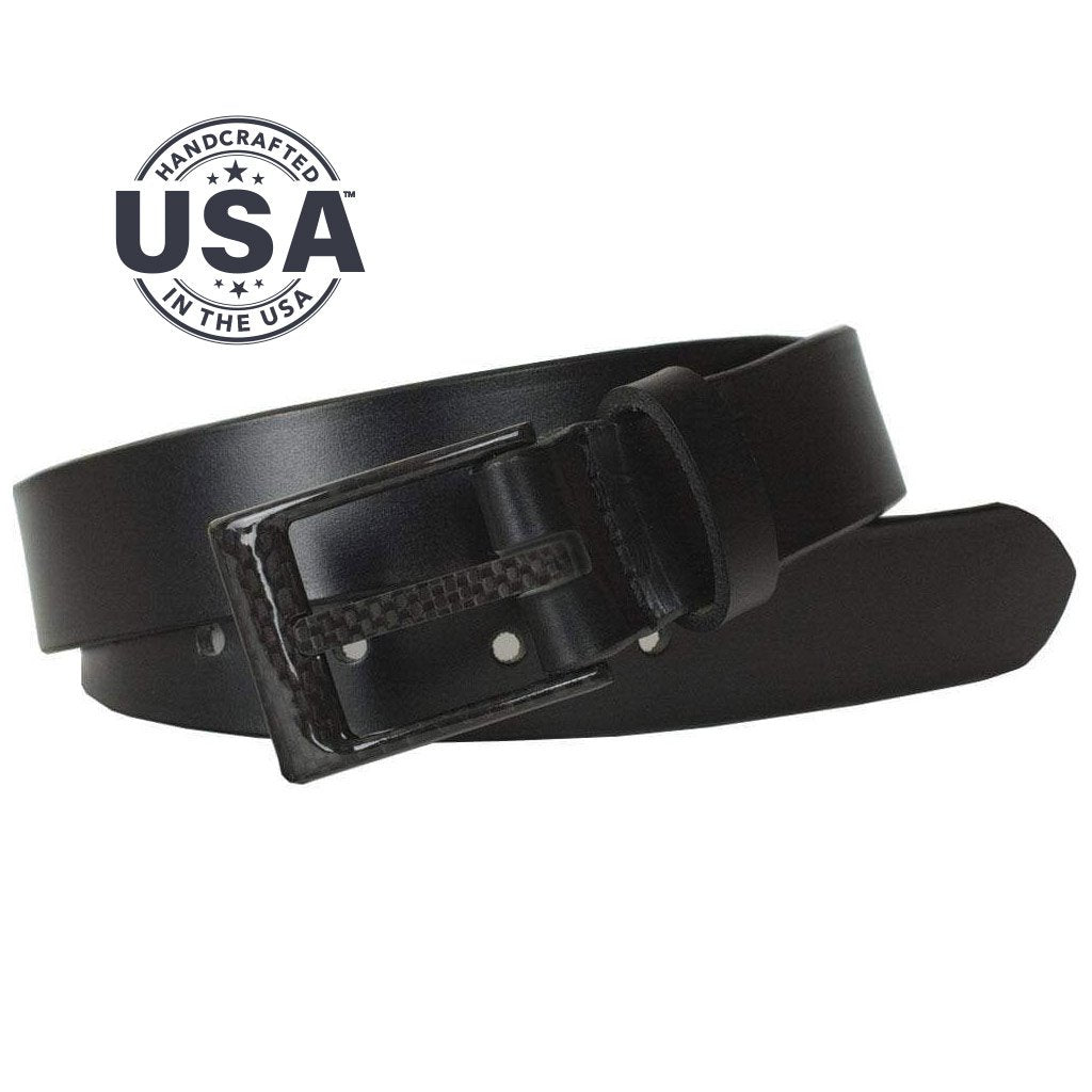 Classified Black Leather Belt. Handcrafted in the USA. Buckle is sewn to strap; no metal snaps!
