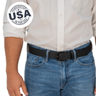 Specialist Black Belt on model in jeans. Handcrafted in the USA. Metal-free buckle great for travel.