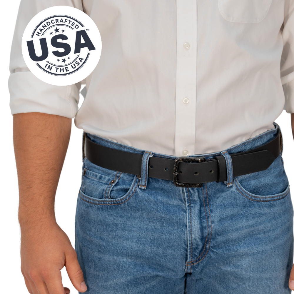 Specialist Black Belt on model in jeans. Handcrafted in the USA. Metal-free buckle great for travel.
