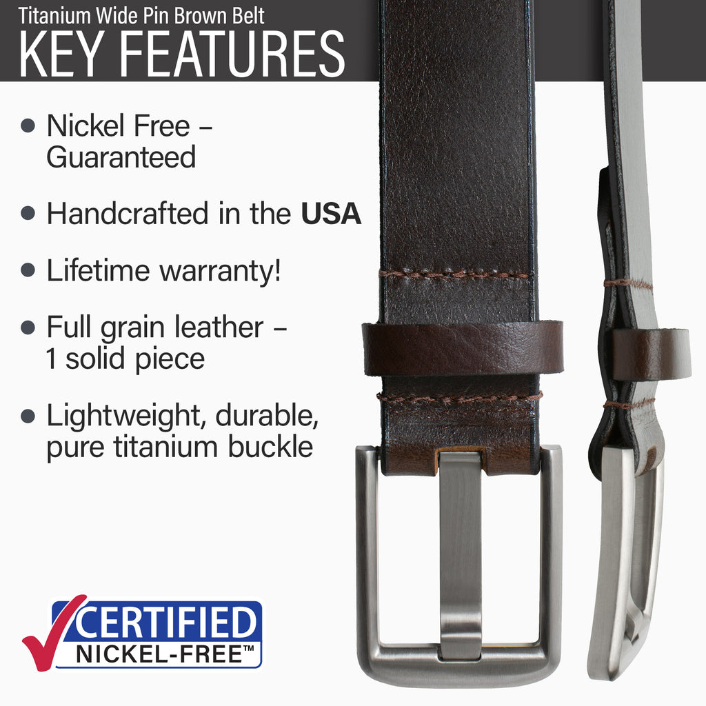 Hypoallergenic lightweight durable pure titanium buckle, handmade in USA, full grain leather