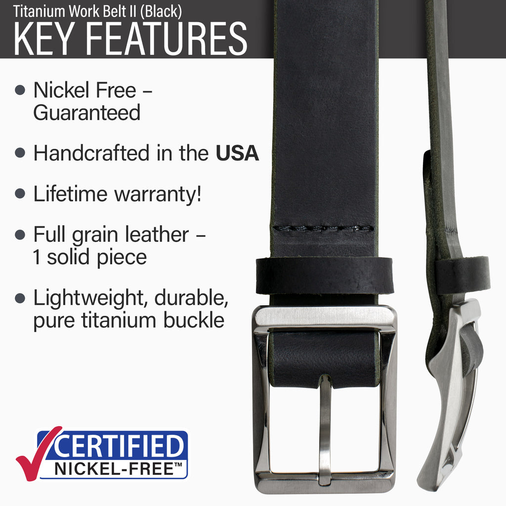 Hypoallergenic lightweight durable pure titanium buckle, lifetime warranty, full grain leather