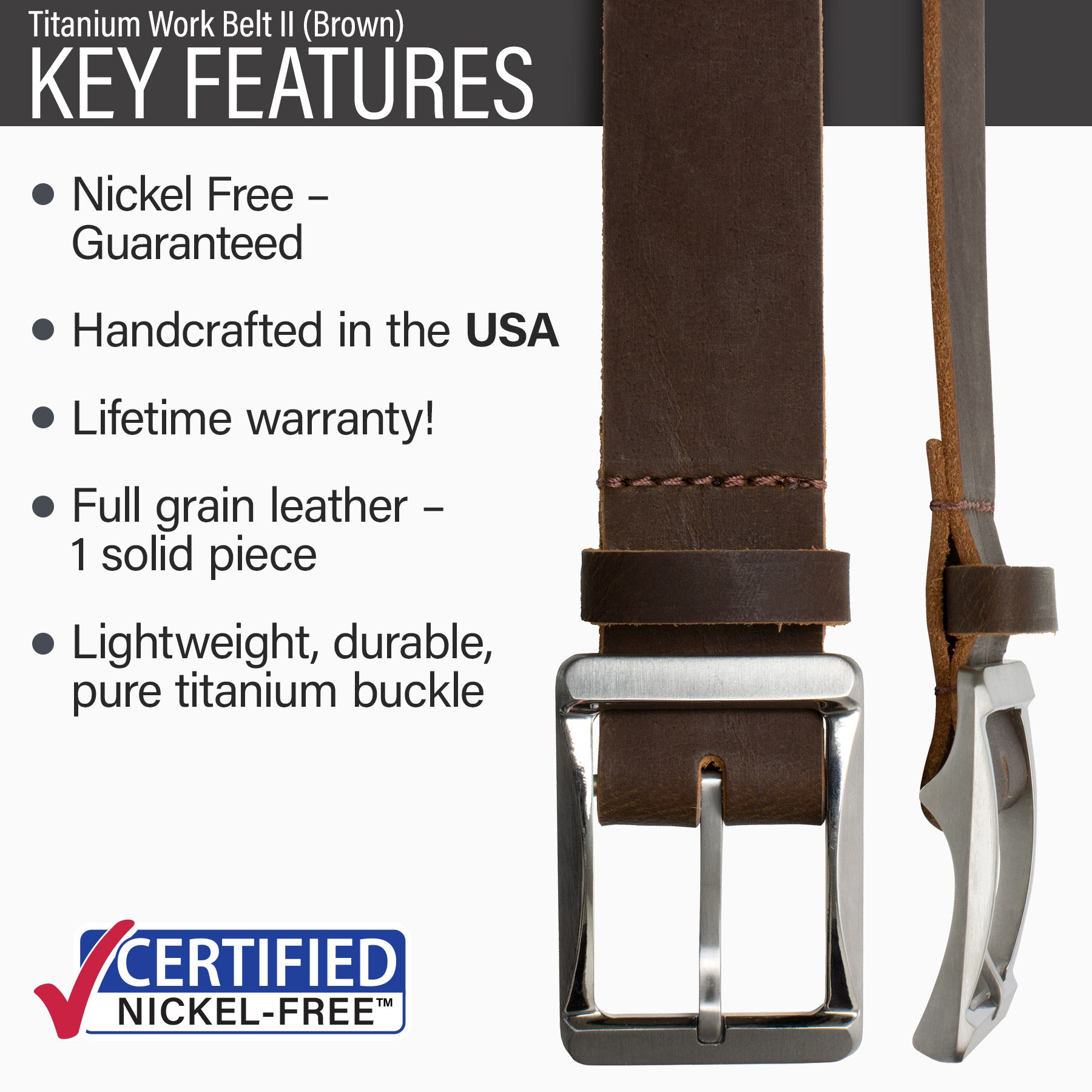 Nickel-Free Brown Titanium Work Belt: strong belt, easy on skin