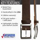 Hypoallergenic lightweight durable pure titanium, handmade in the USA, lifetime warranty.