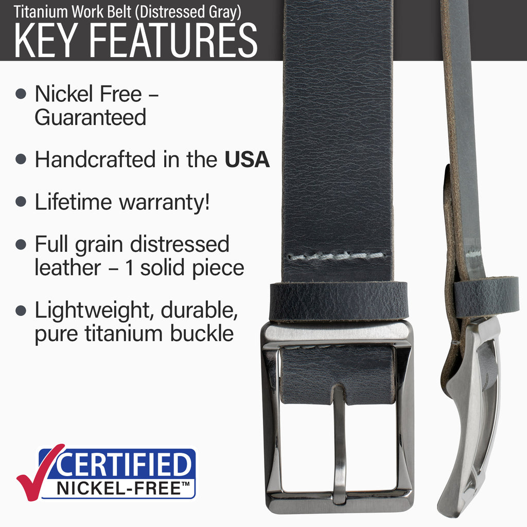 Hypoallergenic lightweight durable pure titanium; made in USA; lifetime warranty; gray leather.