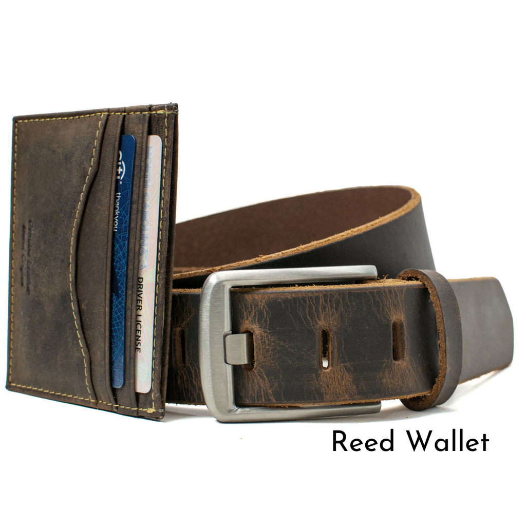 Titanium Wide Pin Distressed Leather Belt & Wallet Set by Nickel Smart | Reed Wallet option