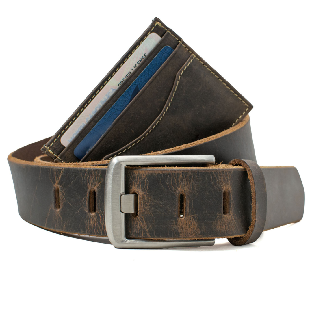 Titanium Wide Pin Distressed Leather Belt & Wallet Set by Nickel Smart®