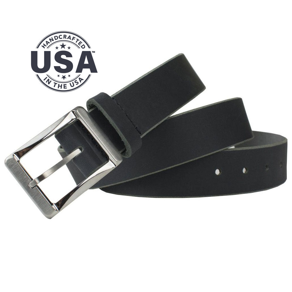 Titanium Work Belt (Black). Handcrafted in the USA. Bold rectangular center bar buckle; single pin
