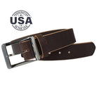 Titanium Work Belt II (Brown). Handcrafted in the USA. Rectangular buckle is stitched to strap.