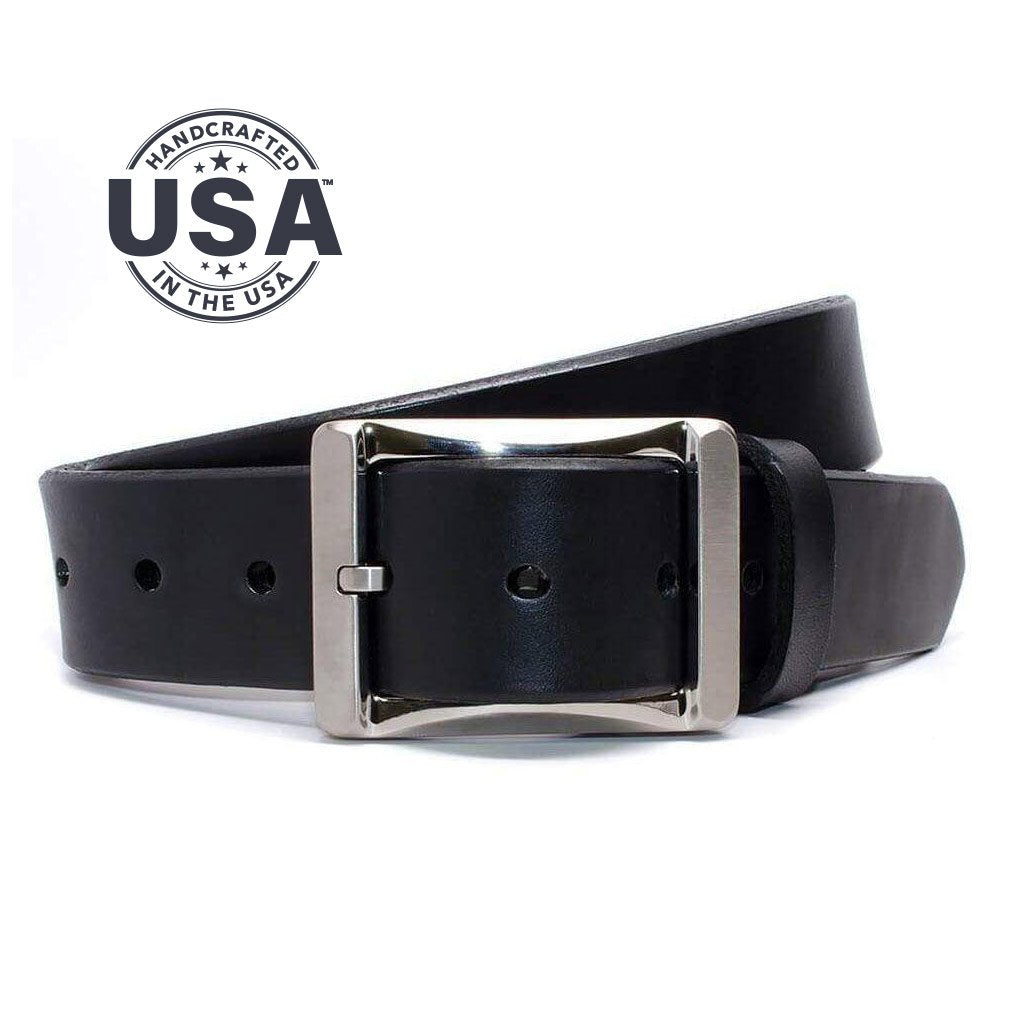 AJ's Gun Belt. Handcrafted in the USA. Center bar buckle sewn directly to bridle leather strap.
