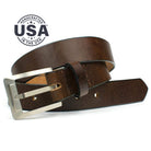 Titanium Dress Brown Belt. Handcrafted in the USA. Titanium buckle stitched to brown leather strap.