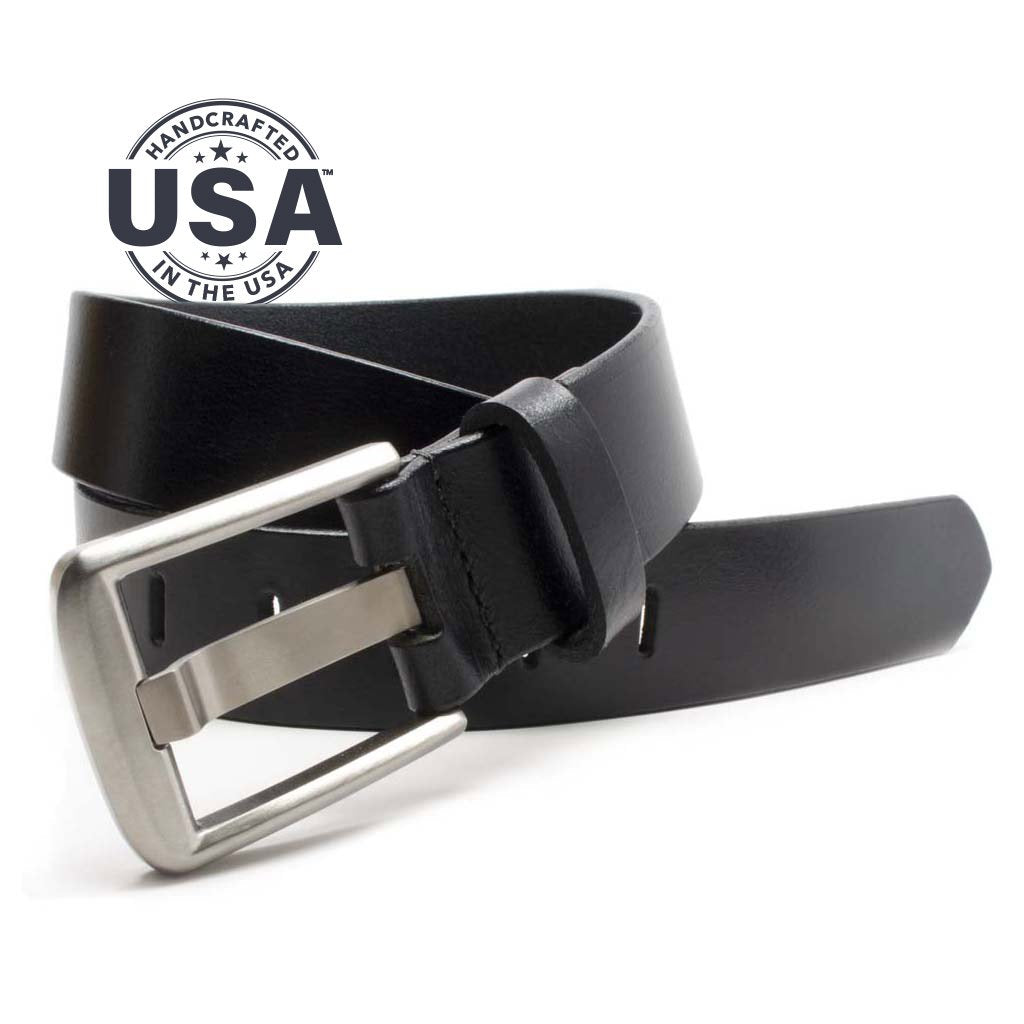 Ultimate Belt Set. Handcrafted in the USA. Black belt features unique wide pin titanium buckle.