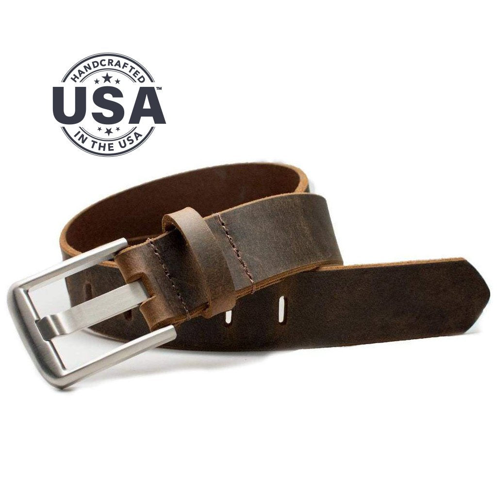 Titanium Wide Pin Distressed Leather Belt. Handcrafted in the USA. Buckle is stitched on to strap.