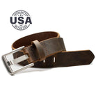 Titanium Wide Pin Distressed Leather Belt. Handcrafted in the USA. Buckle is stitched on to strap.