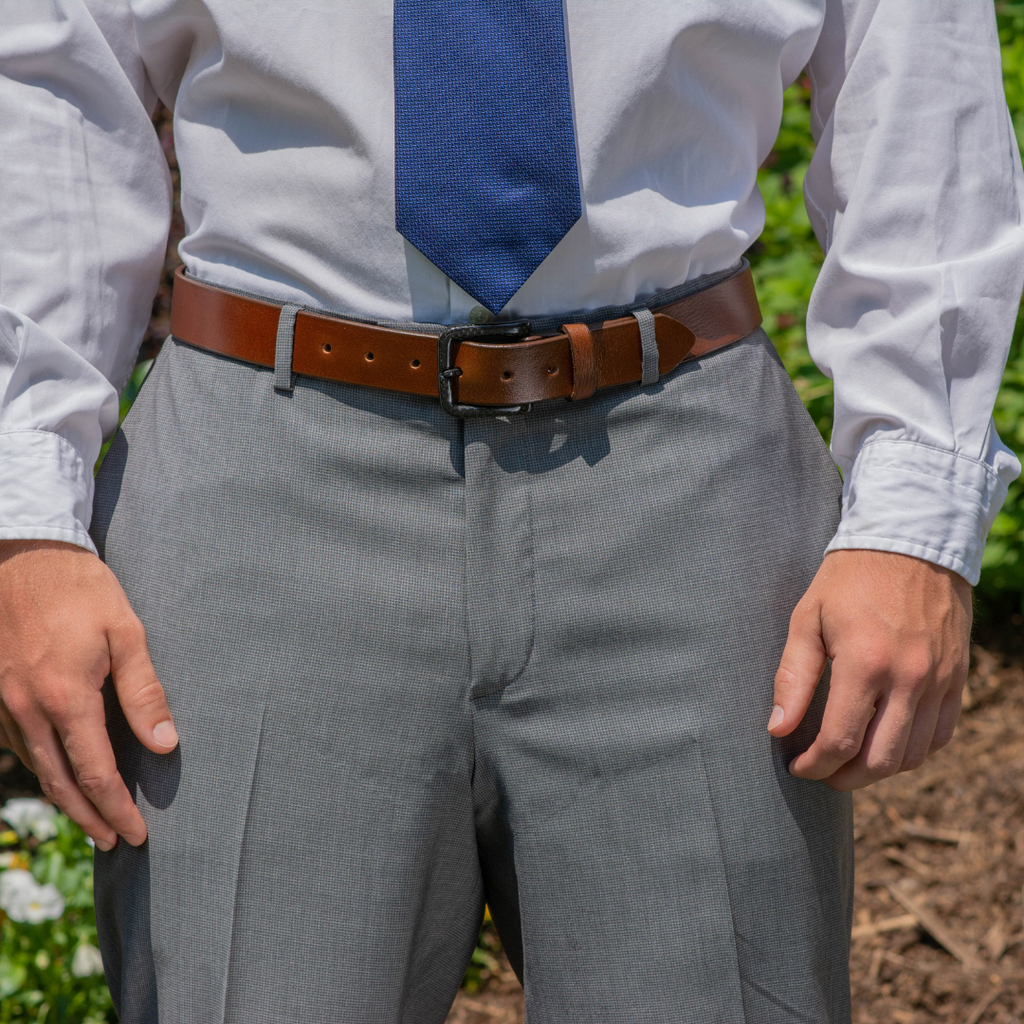 Specialist Brown Belt on a model in gray slacks