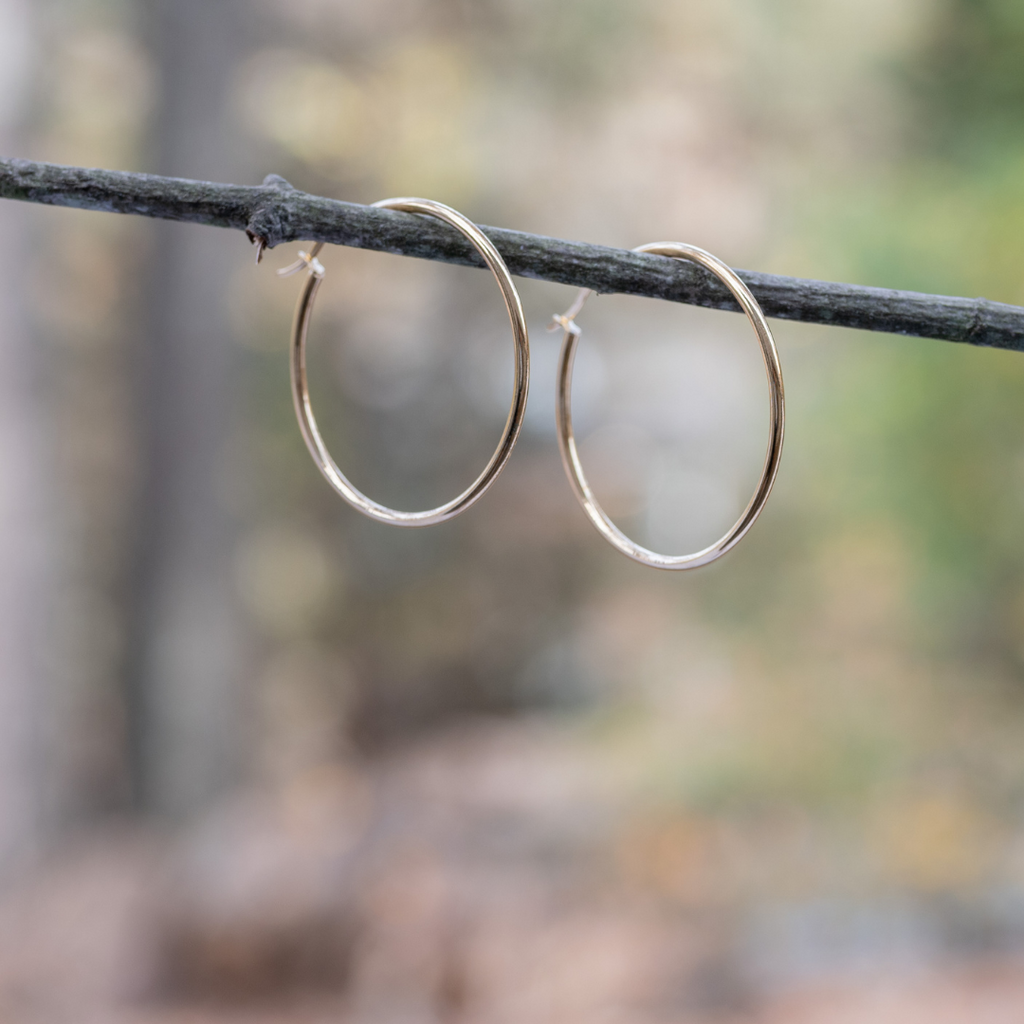 Stainless Steel Hoop Earrings - Gold by Nickel Smart. Outdoor setting. Safe for nickel allergy.