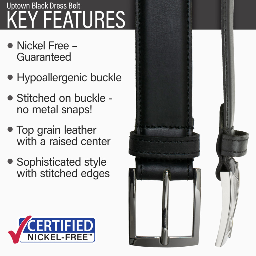 Hypoallergenic nickel-free buckle stitched to top grain leather, sophisticated style, stitched edges