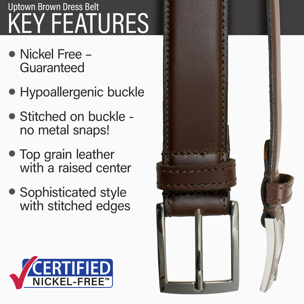 Hypoallergenic nickel-free buckle, top grain leather, sophisticated style, stitched edges.
