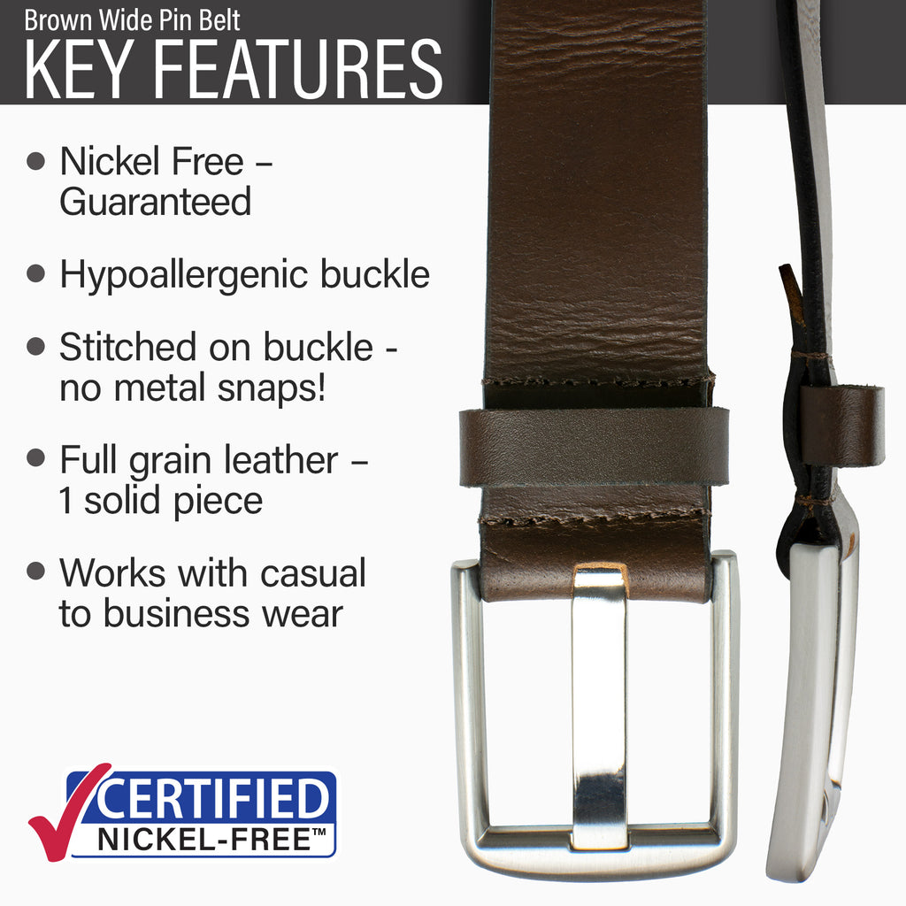 Guaranteed nickel free; hypoallergenic; buckle stitched to solid leather strap; casual to business