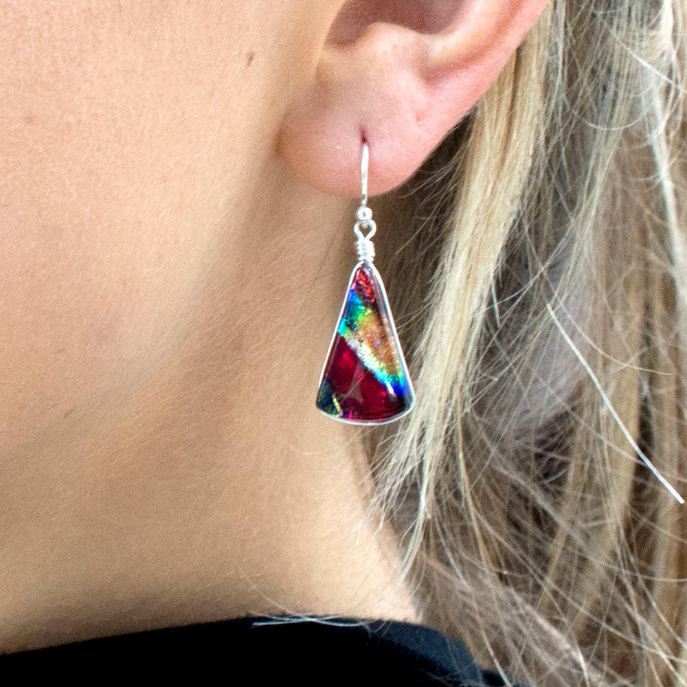 Window Waterfalls Earrings - Rainbow Red on model. Approximately 1.5 inches or 38 mm long.