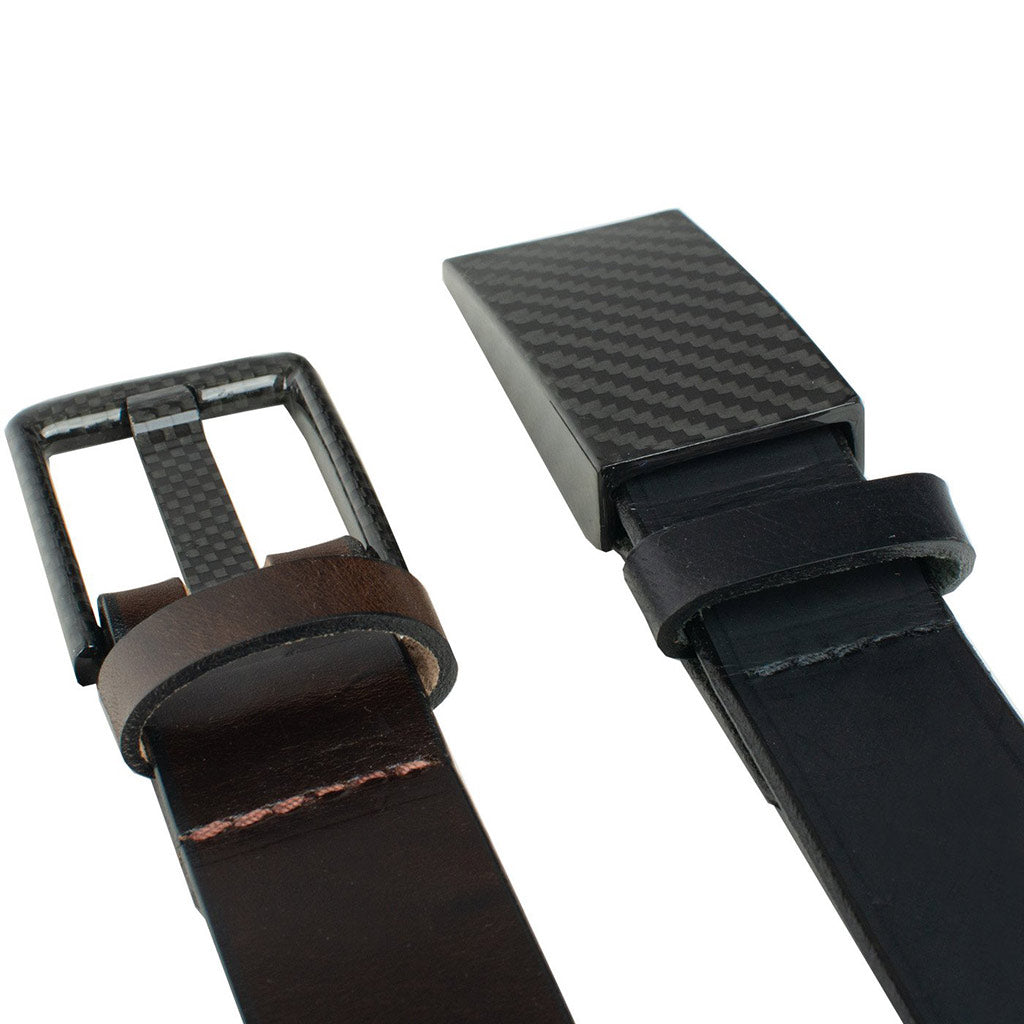Zero Metal Belt Duo. No metal snaps -- stitched construction. Pure carbon fiber buckles.