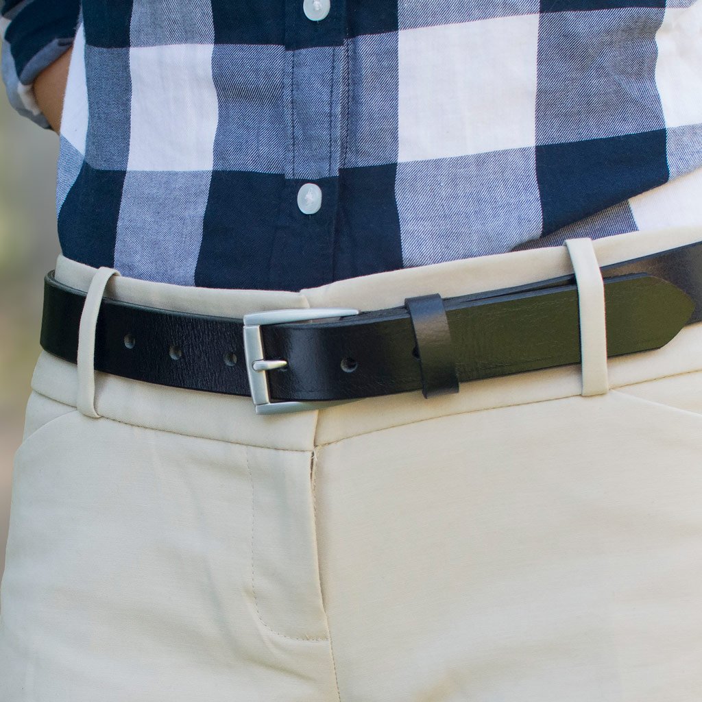 Ashe - Women's Black Belt on a model in khakis. Great casual to dress-casual feel to the belt.