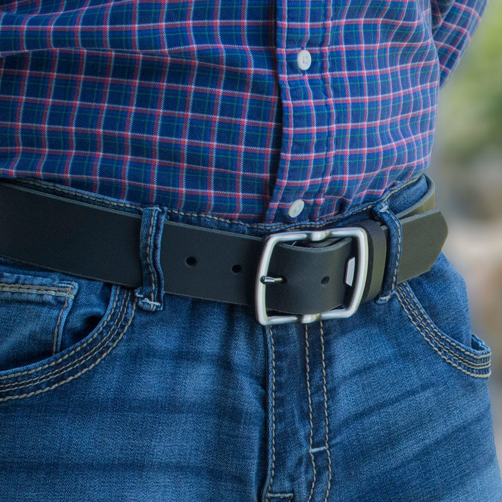 Cold Mountain Belt (Black with Gray Buckle) on model in jeans. Fun zinc buckle for casual wear.