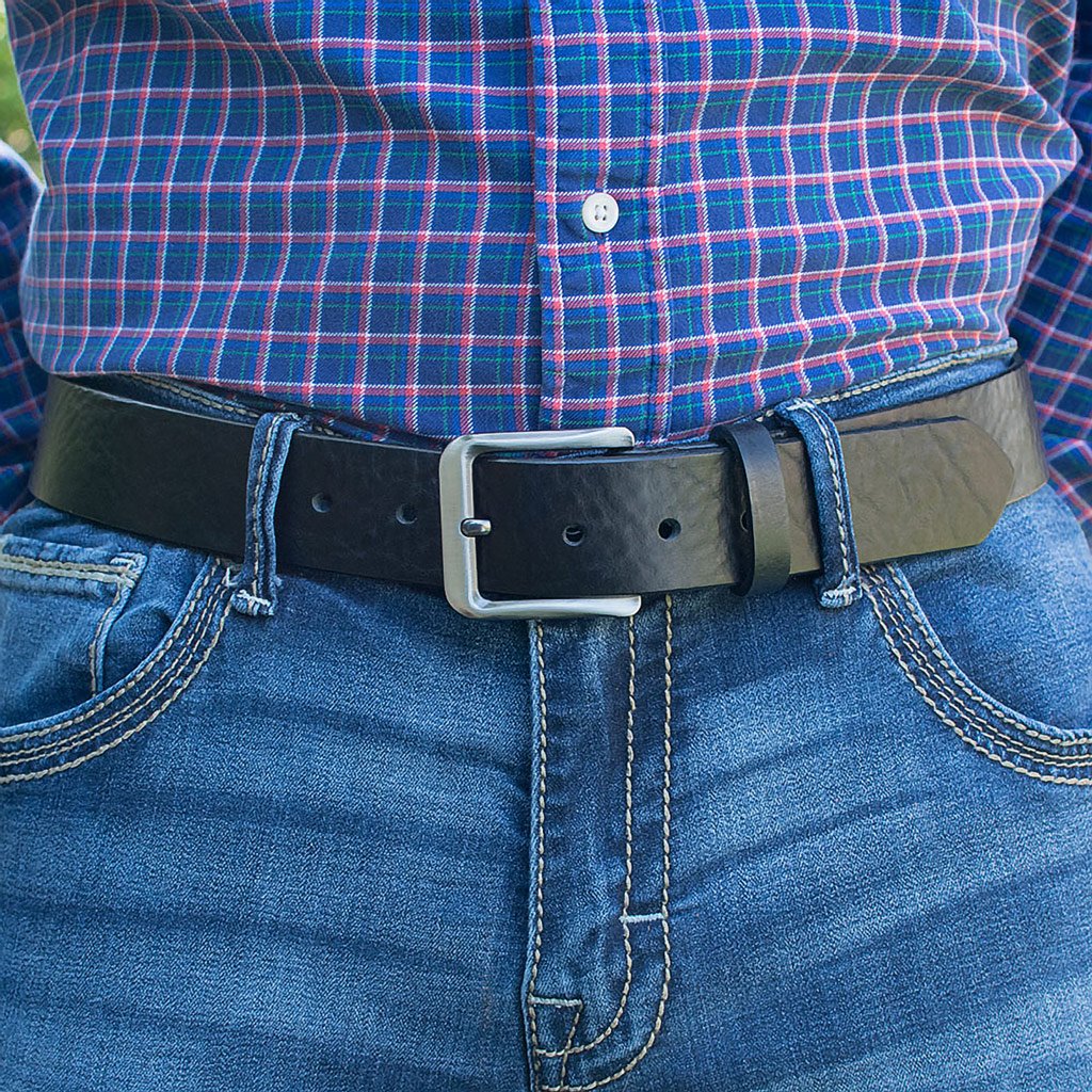 Staff Favorite Belt Set. Black belt on model. Textured leather strap; silver-tone square buckle.
