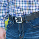 Ridgeline Trail Belt (black) on model. Great casual jeans belt; strap is 1½ inches wide (38 mm).