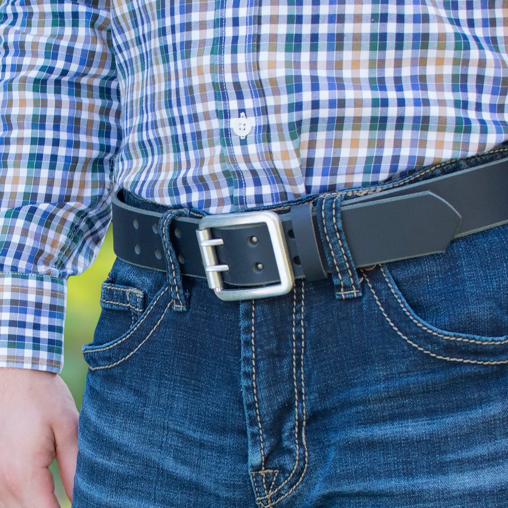 Ridgeline Trail Belt Set - black belt on model. Casual belt with zinc double-prong roller buckle.