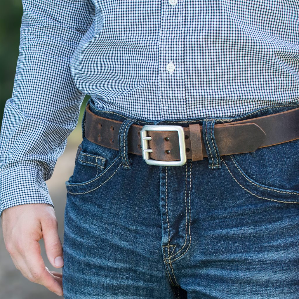 Ridgeline Trail Belt Set - brown belt on model. Casual strap ; ideal for jeans. 1.5 inches wide.